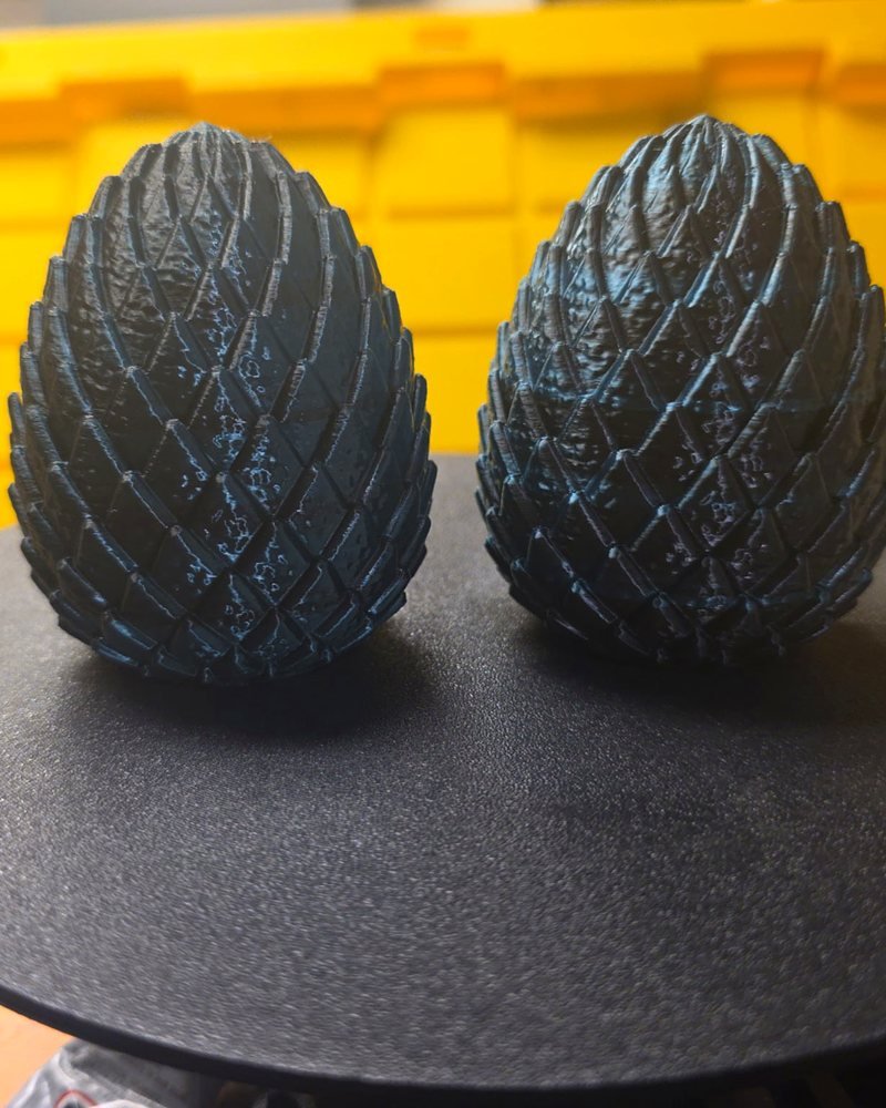 Two black dragon eggs with overlapping scales and a blue sheen, sitting on a black plate.