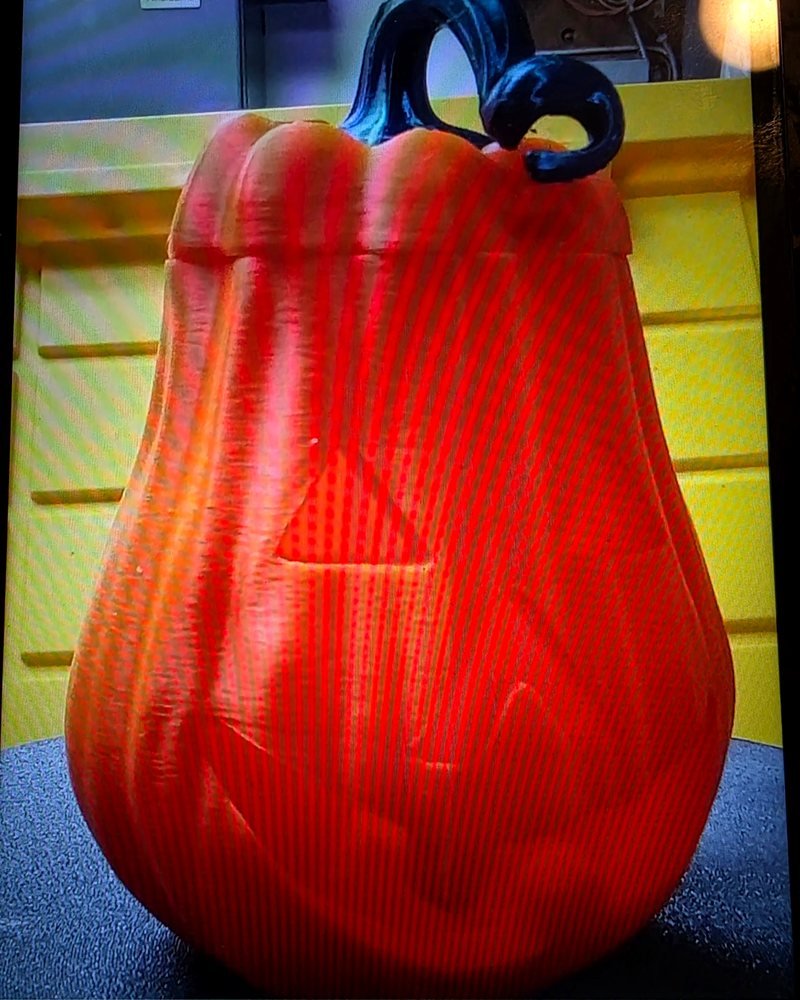 A tall orange jack-o'-lantern with a carved face and a curled black stem.